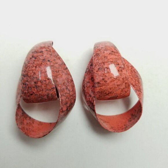 Vintage Pink Marbeled Door Knocker Loop Stud Earrings, Retro 80s Style Estate - Picture 2 of 6